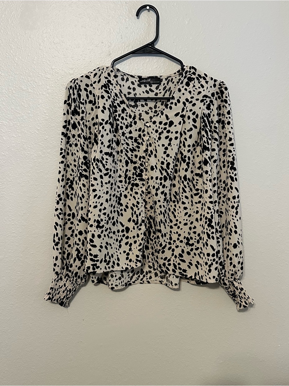 Animal Print Long-Sleeve Blouse - Black and Cream